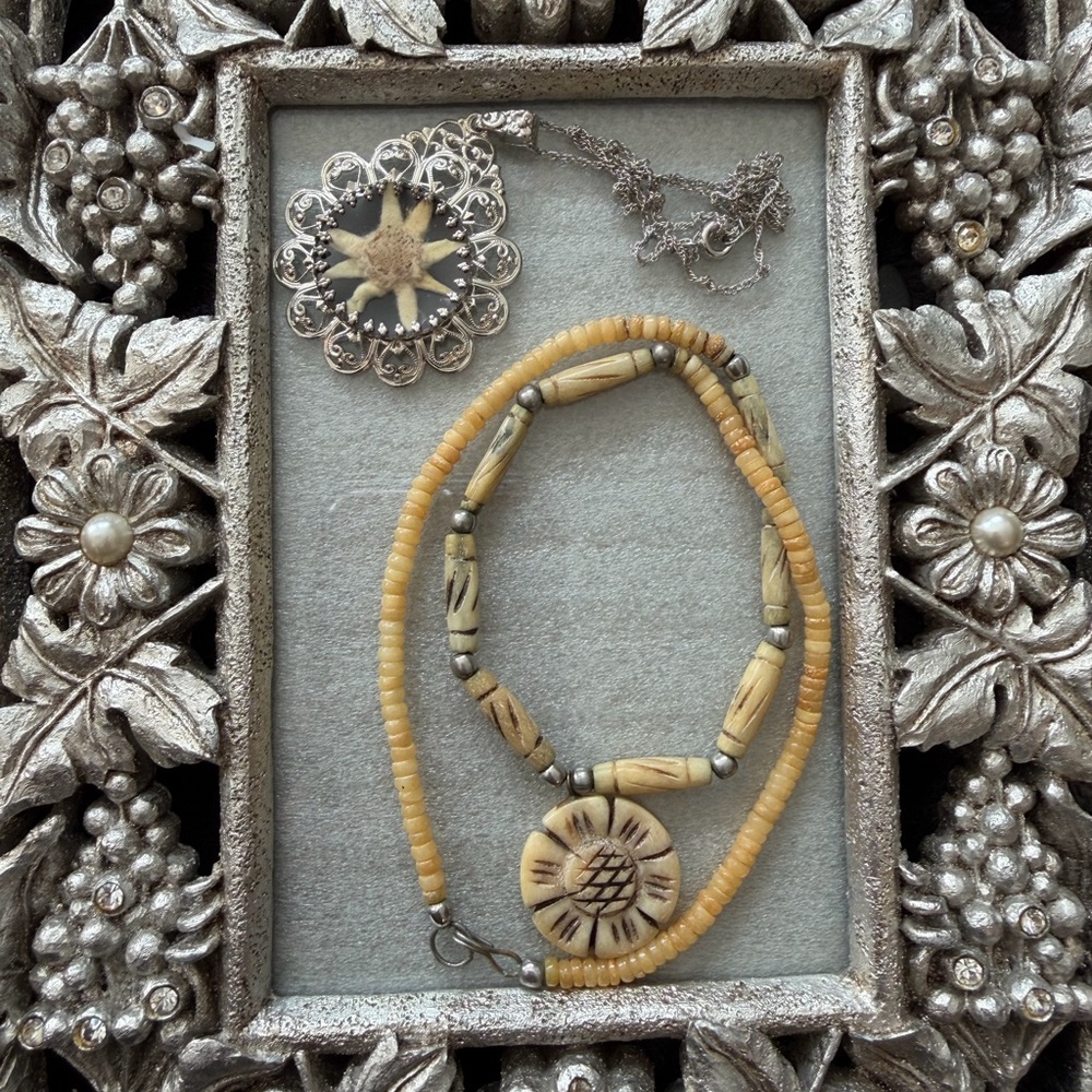 Vintage Bone? Flower & Beads Necklace 20” & Unique Vintage Edelweiss Flower  22”